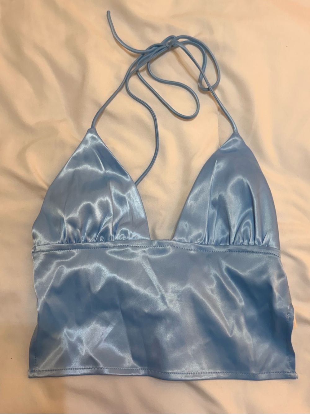 Satin Halter Crop Top in Light Blue